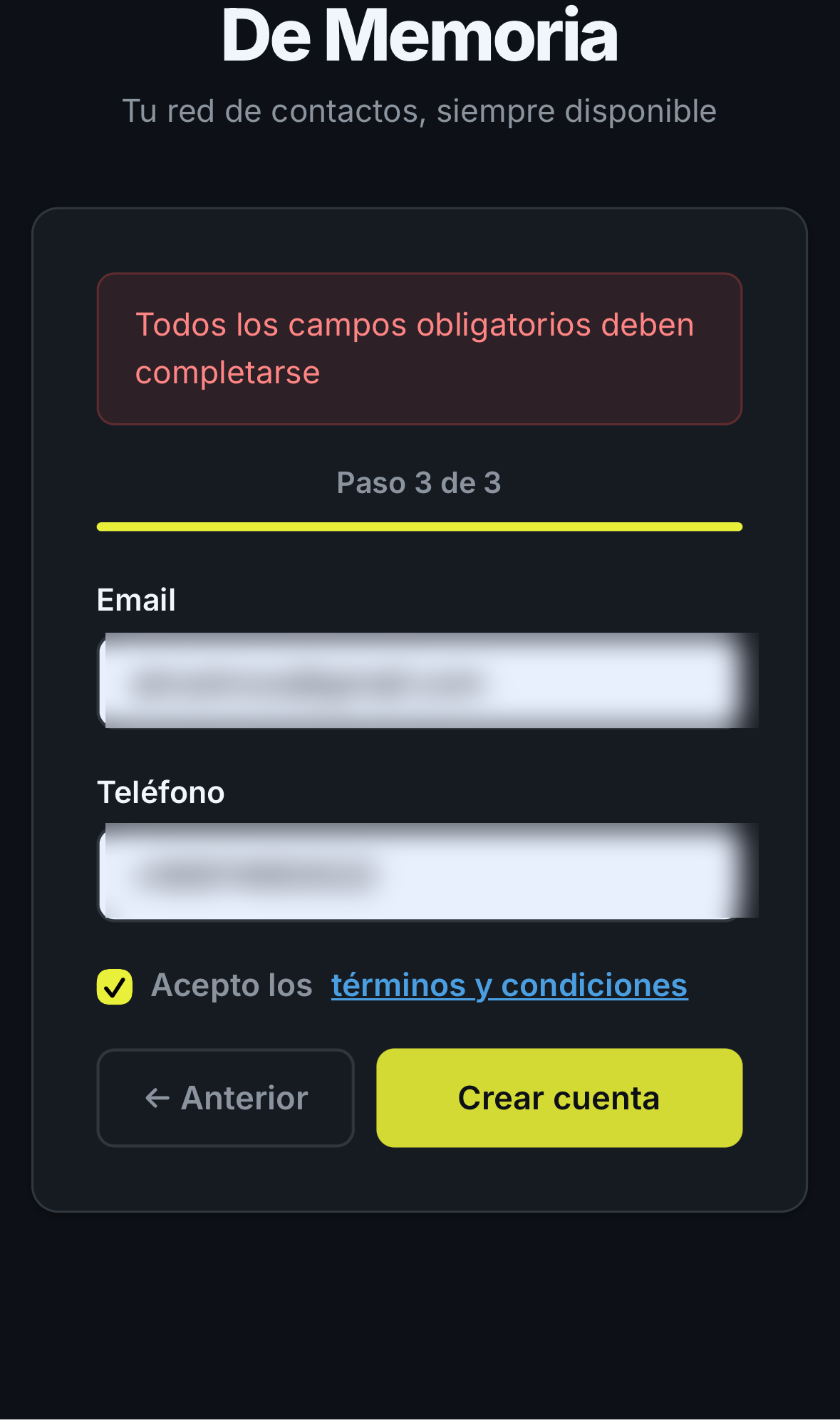 Registro - Datos del contacto